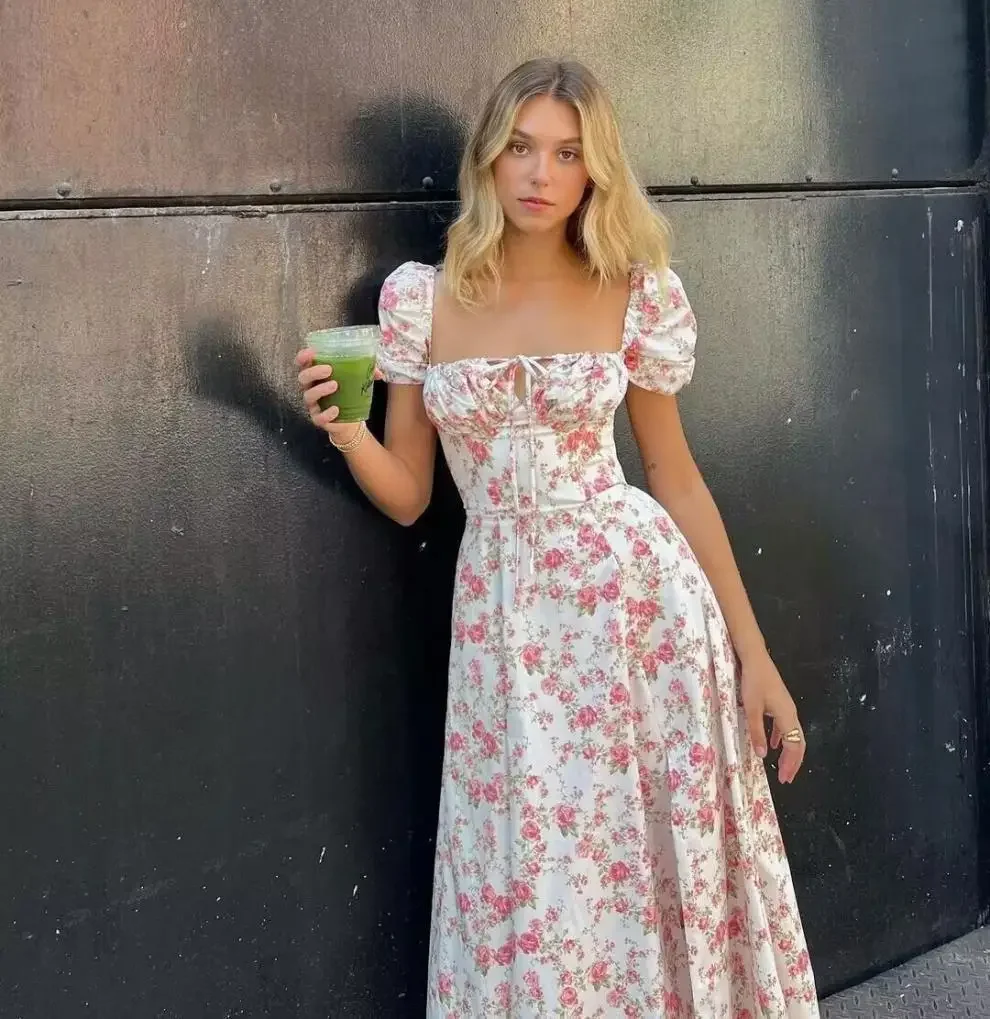 Dames nieuwe retro sprookjesstijl casual bubble mouw korte mouwen slim fit vierkante hals bloemenprint laag uitgesneden jurk