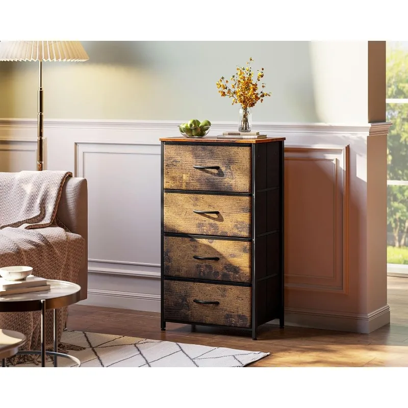 Dresser for Bedroom with 4 Storage Drawers, Small Dresser Chest of Drawers Fabric Dresser with Sturdy Steel Frame