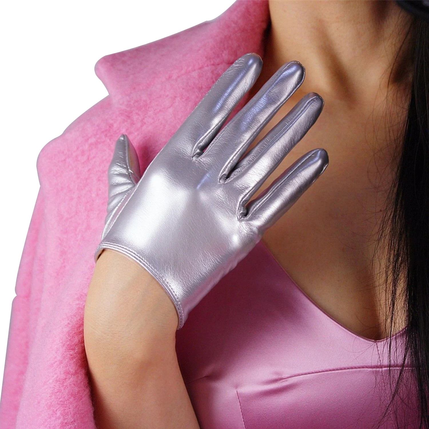 

Metallic Silver LATEX GLOVES Shine Faux Patent Leather PU 6" 16cm Short Opera Evening Halloween Custome Fashion Dressing Cosplay