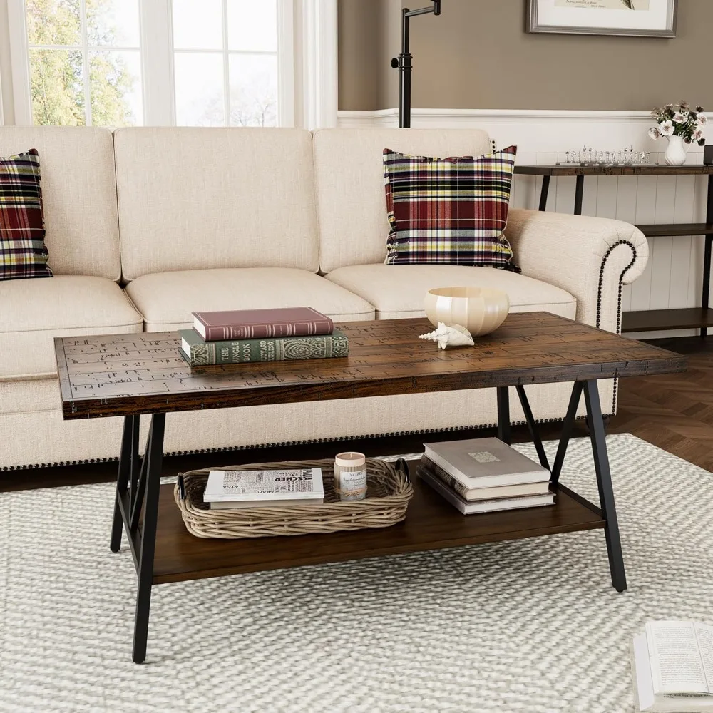 

2-Tier Rectangle Solid Wood Coffee Table, Industrial Cocktail Table with 2-Tier Storage Shelf for Living Room Office Apartment