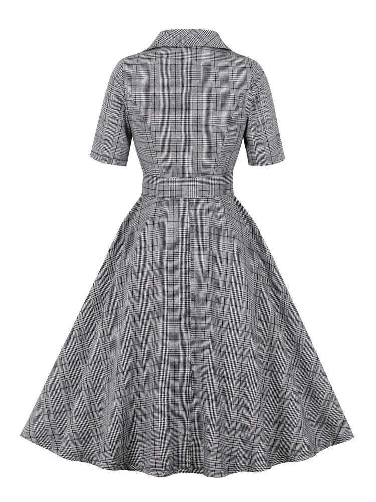 2023 Elegant Vintage Half Sleeve Pocket Swing Dress Turn Down Collar Button Up Clothes for Women Spring 50s Summer Plaid Dresses