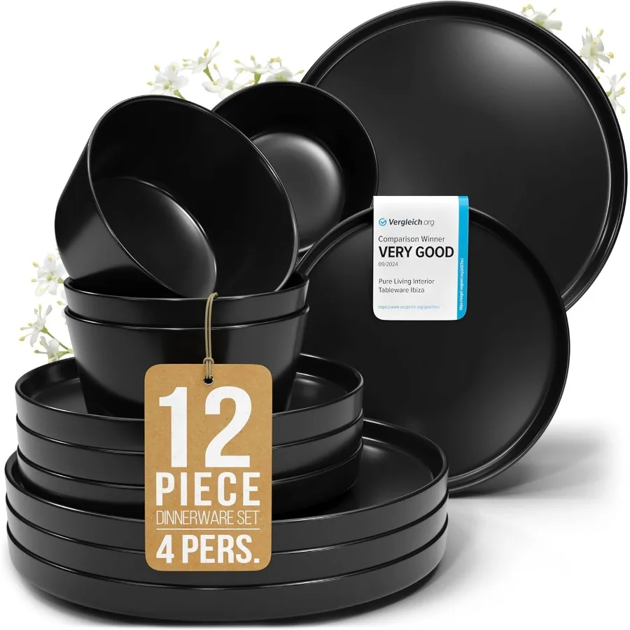 Conjunto de louça de grés preto fosco para 4 pessoas com 12 peças Ideal para jantares diários e ocasiões especiais Máquina de lavar louça mi