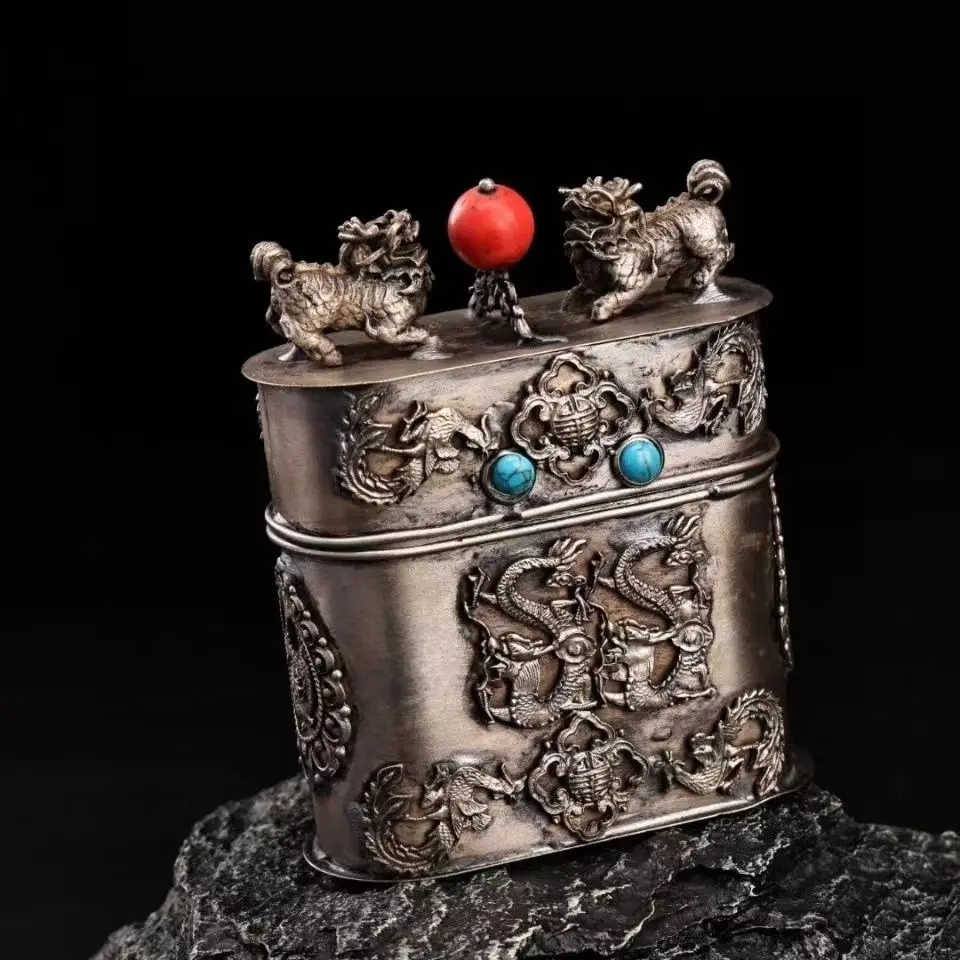 

4.33" Collection Tibetan Silver inlay gemstone Hand carving Dragon Tea box