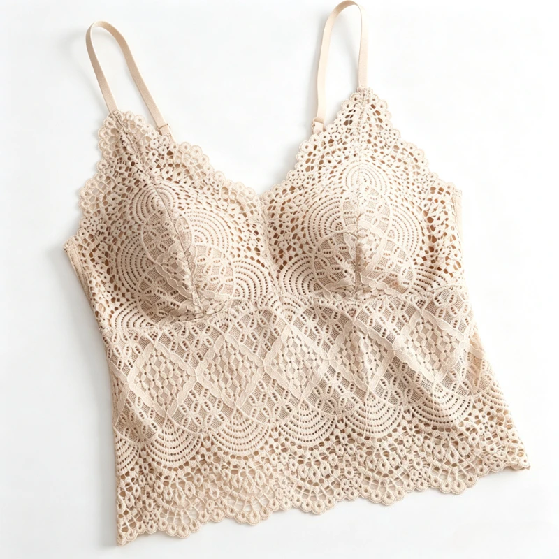 Camisole basique en dentelle française YANFENPRO pour femmes, avec coussinets intégrés, dos élégant, coupe ajustée, couleur unie, respirante, à porter seule ou sous un vêtement.