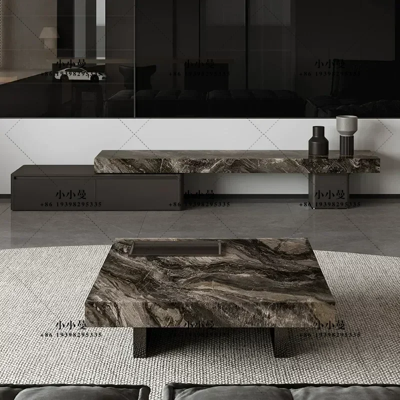for Modern Simple Gray TV Cabinet and Coffee Table Combination High-end Minimalist Rock Slab Retractable Floor for Small