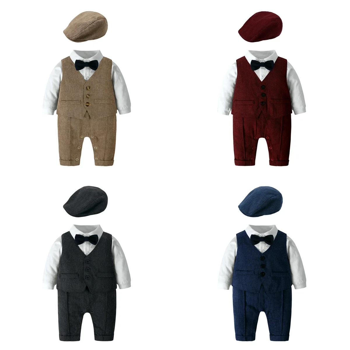 Baby Boy Gentleman Suit Spring Newborn Birthday Outfit Infant One-piece Jumpsuit+Beret+Bowtie+Suspender Toddler Costume Clothes