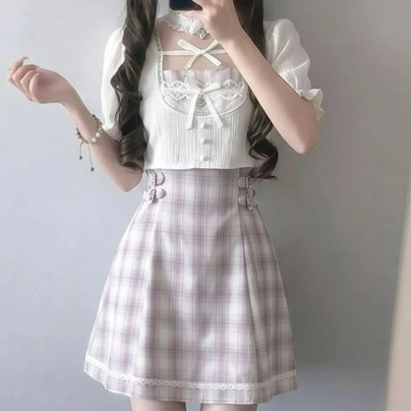 Japanese Sweet Lolita Style Dress Set Women Cute Square Neck Bow Short Top Purple Plaid Mini Dress Suit Kawaii Y2k Matching Sets