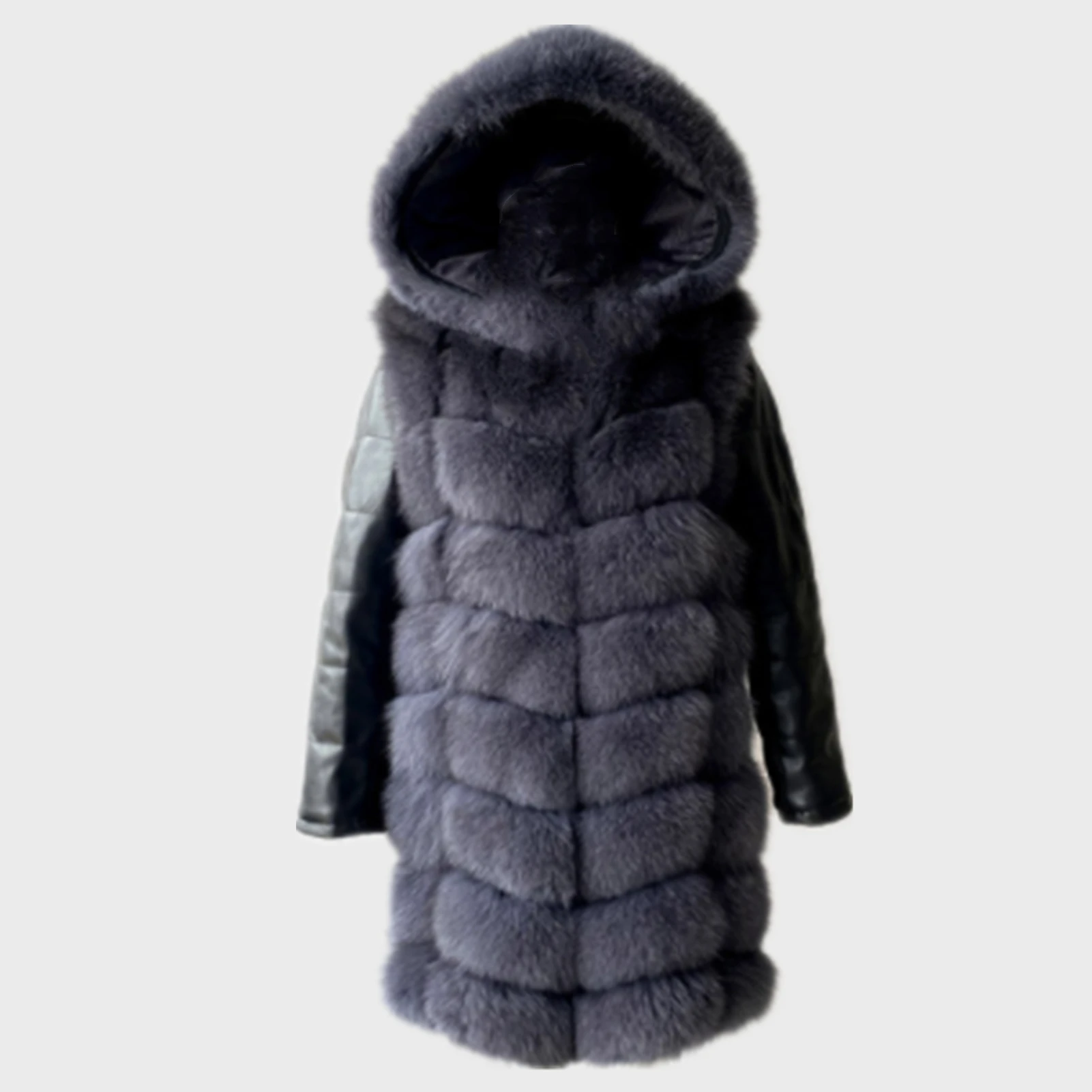 Veste à capuche en fausse fourrure de renard pour femme, cuir PU noir, manches perfectionnées, manteau long, haut 216.239., manteau en fausse fourrure, hiver