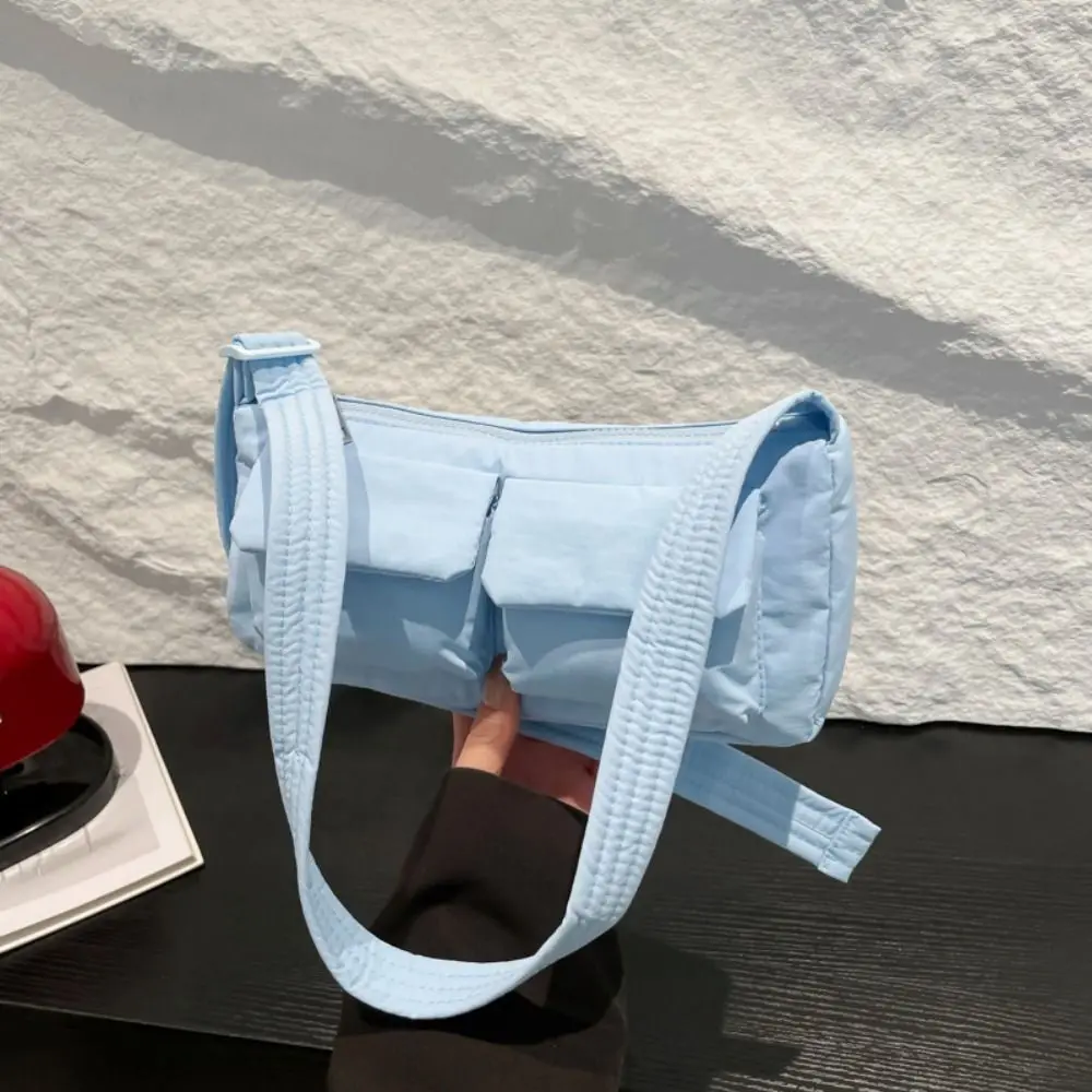 New Solid Color Single Shoulder Bag Lightweight Nylon Cross Body Bag Multi-pocket Waterproof Messenger Bag Teenagers