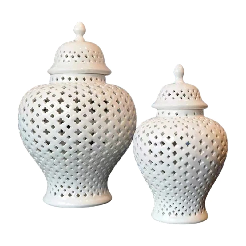 

Elegant Ceramics Gingers Jar Cutout Lattice Flower Vases with Lid Home Decors
