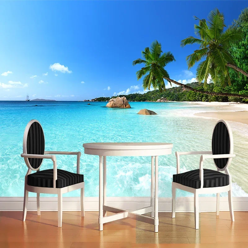 Custom 3D Photo Wallpaper Seascape Beach Palm Wall Covering Mural Roll For Living Room Bedroom Background Wallpaper De Parede