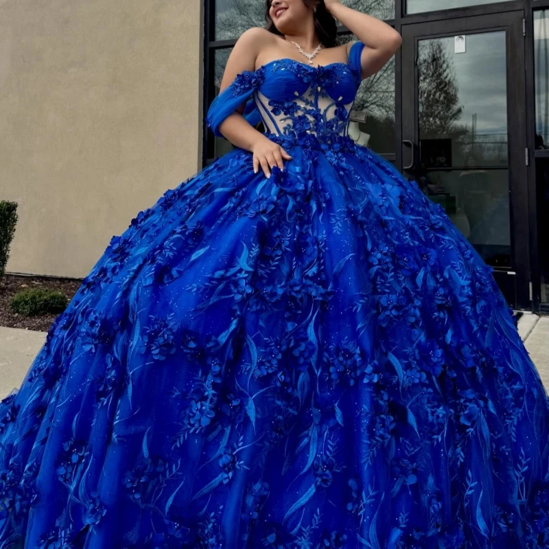 

Royal Blue Shiny Ball Gown Quinceanera Dresses Applique Flower Beading Crystal Tull Corset Off Shoulder Sweet 16 Dress Vestidos