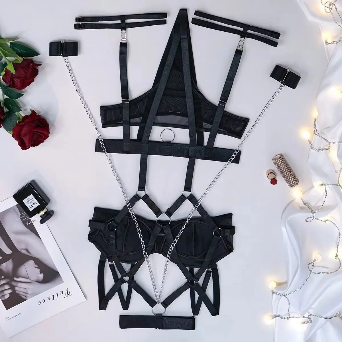 

Fashion Sexy Seductive Chain Lingerie Four Piece Set Women's Solid Exotic Apparel Suit Female Stain Pure Desire Style Underwear