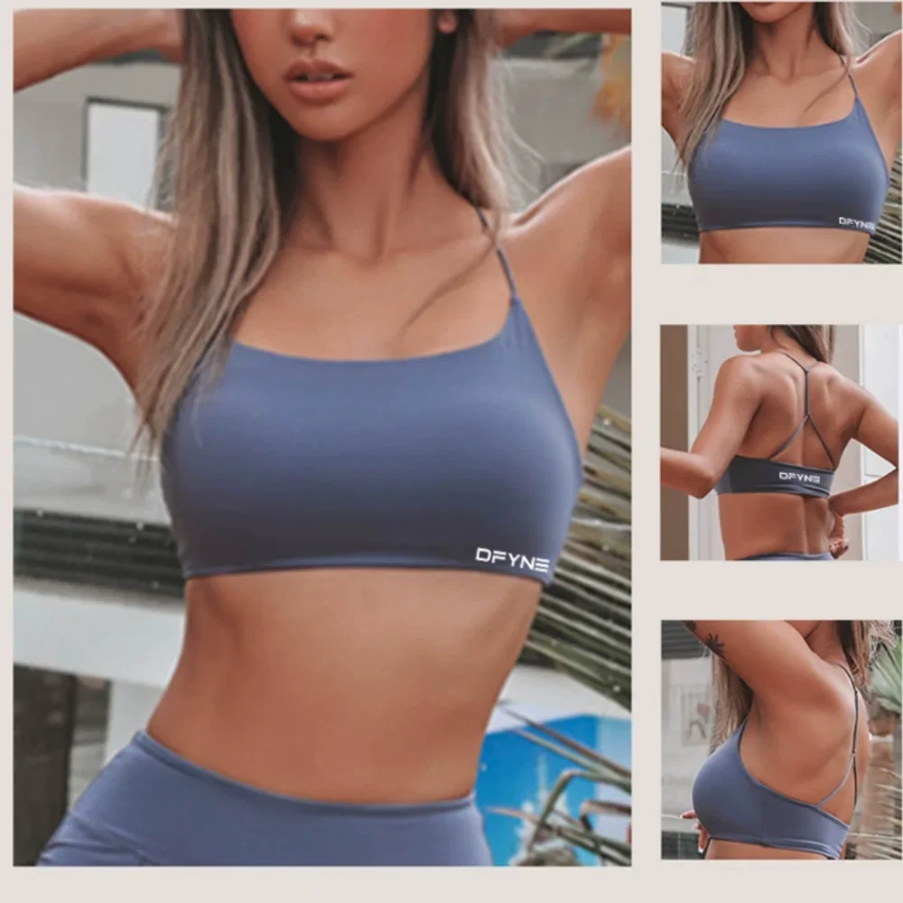 Yoga impact sports bra with logo, women's seamless suspender bra, backless top, bra, medium support, gym, exposed navel, fashion