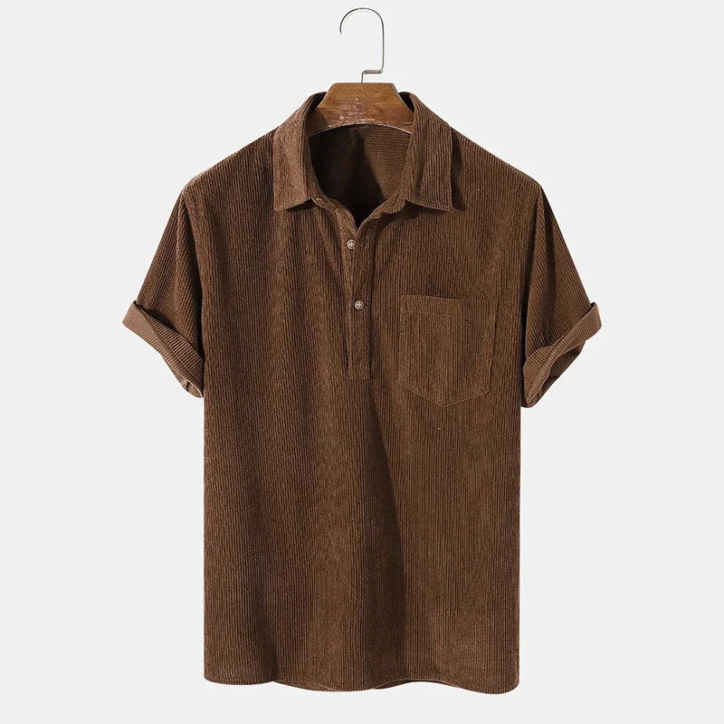 New Fashion Brown Corduroy Shirts for Men camisa masculina Mens Short Sleeve Button Up Shirt