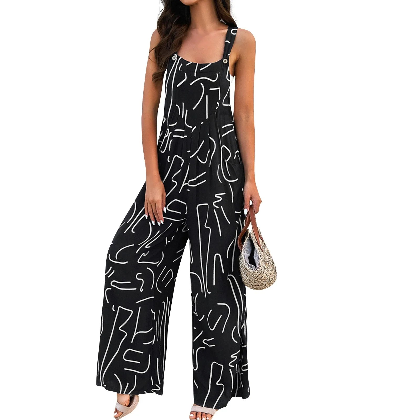 2024 Zomer Nieuwe Modieus Print Wijde Pijpen Jumpsuit Europese Amerikaanse Vrouwen Mouwloze Zakken Playsuit Casual Rompertjes Jumpsuits