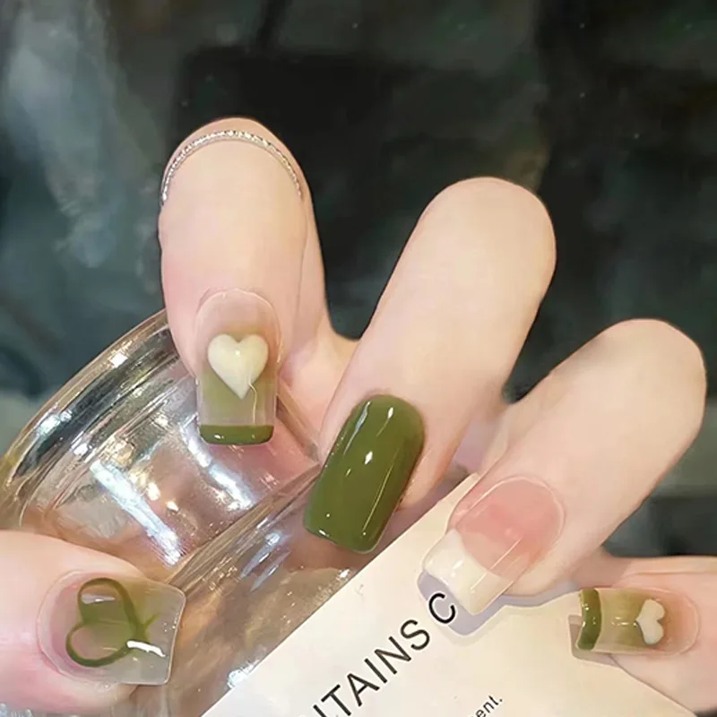 

24Pcs Medium Coffin Press-on Nails: Fresh Green with White & Green Heart Outline - Natural & Cute Style