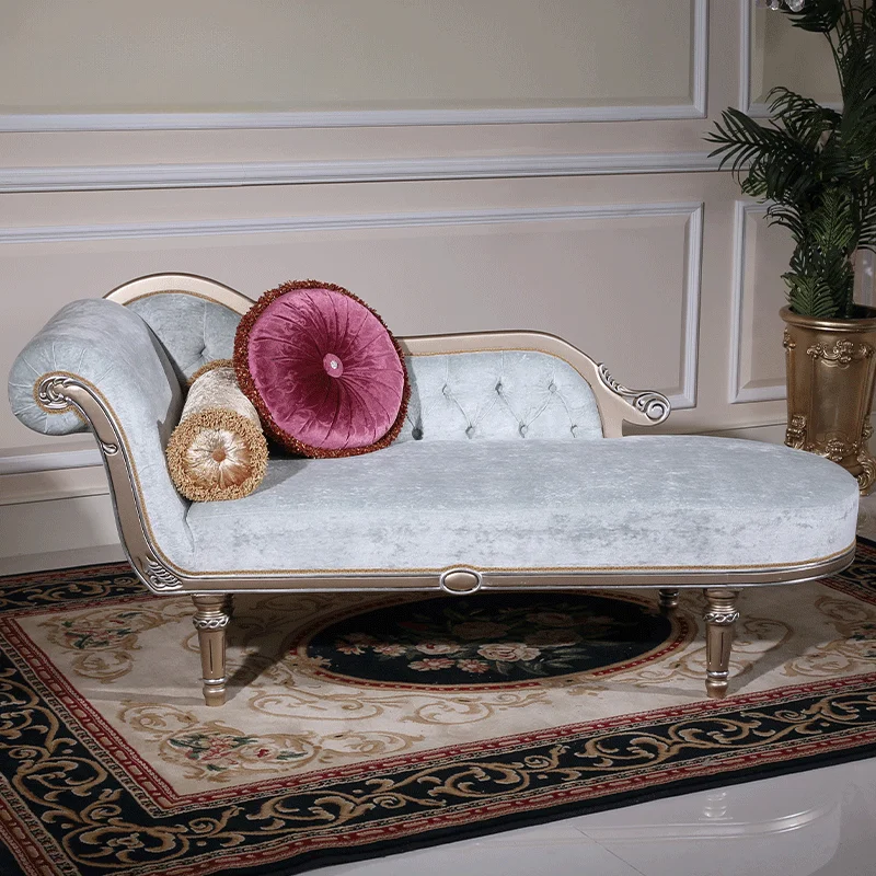 

!@European Palace Style Vintage Lounge Chair Blue Velvet Fabric Classic Bedroom Bench
