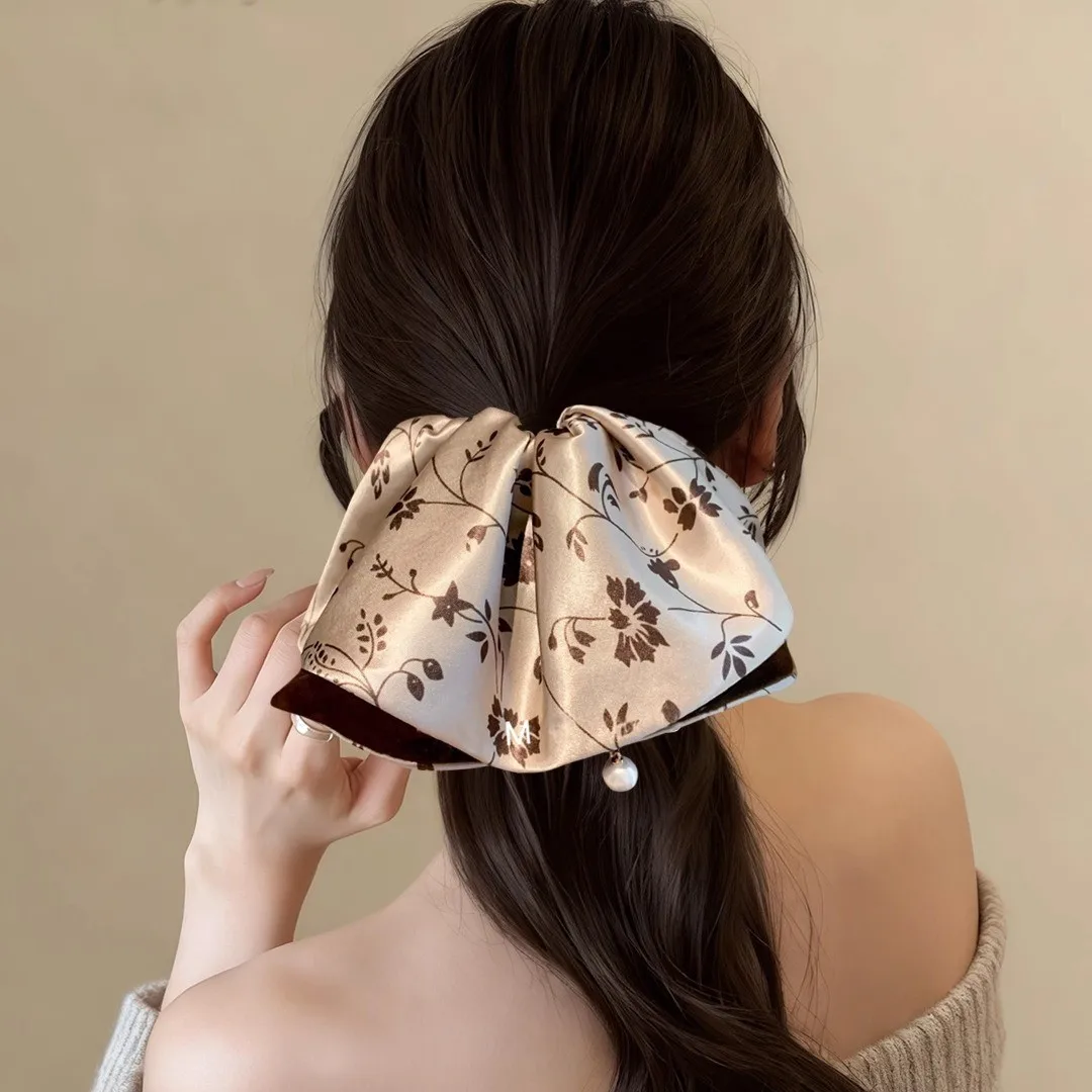 Advanced early autumn new printed three-dimensional bow clip elegant satin pearl semi tied high ponytail hair accessory