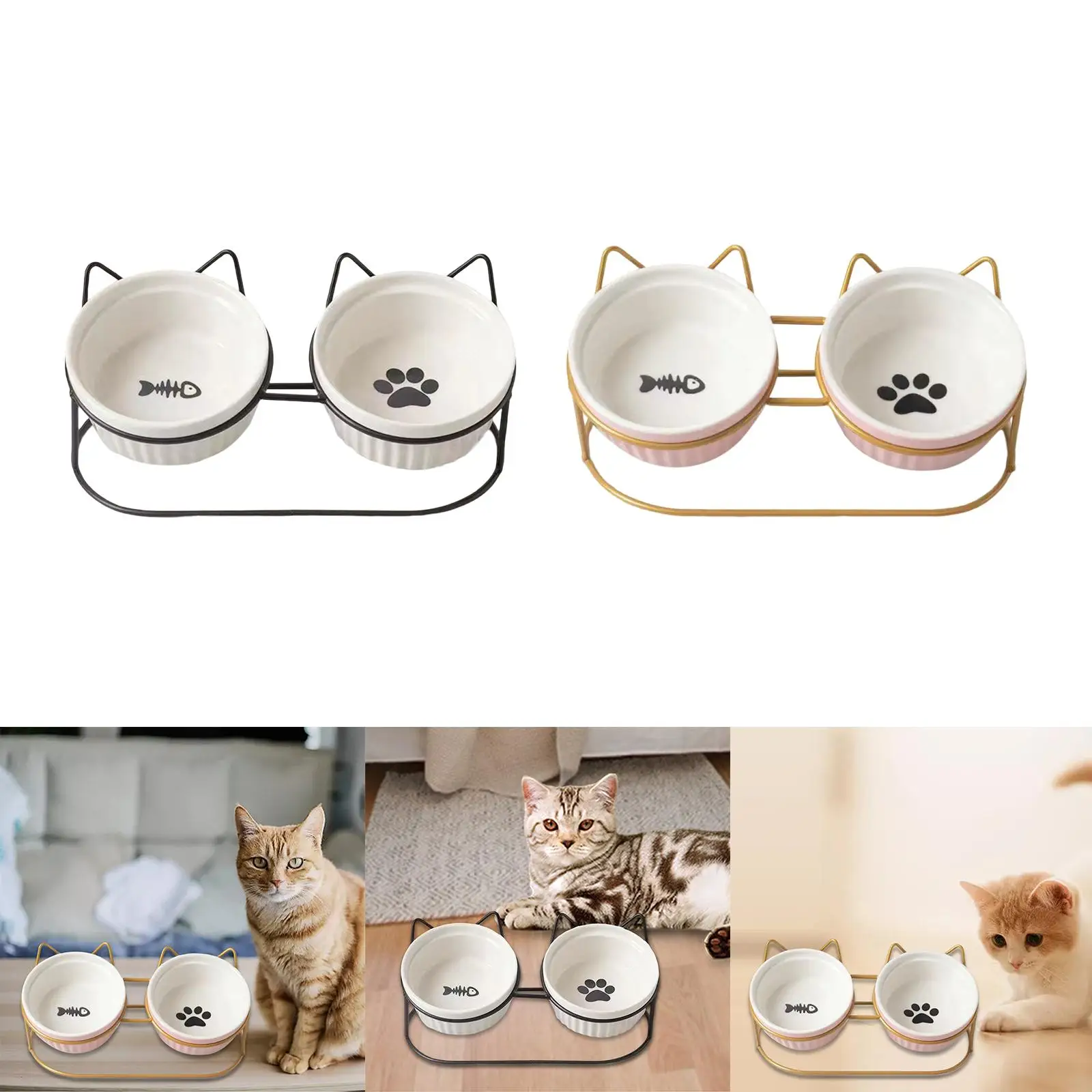 Ceramic Double Cat Dog Bowl Separable Raised Cat Dish with Iron Holder Shelf Non