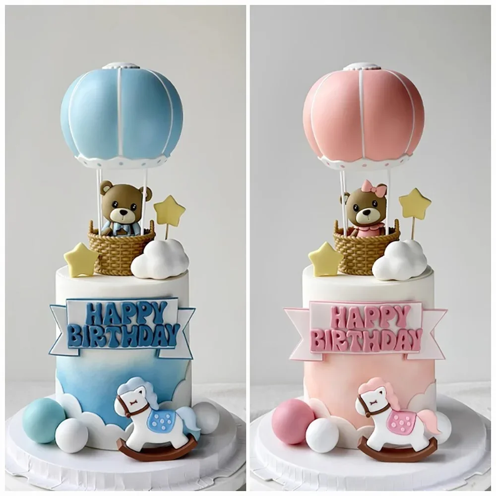 Hot Air Balloon Bear Cake Topper Set Pink Blue Green for Baby Shower Kids Birthday Party Boy Girl Cake Decor Supplies Kit view 4