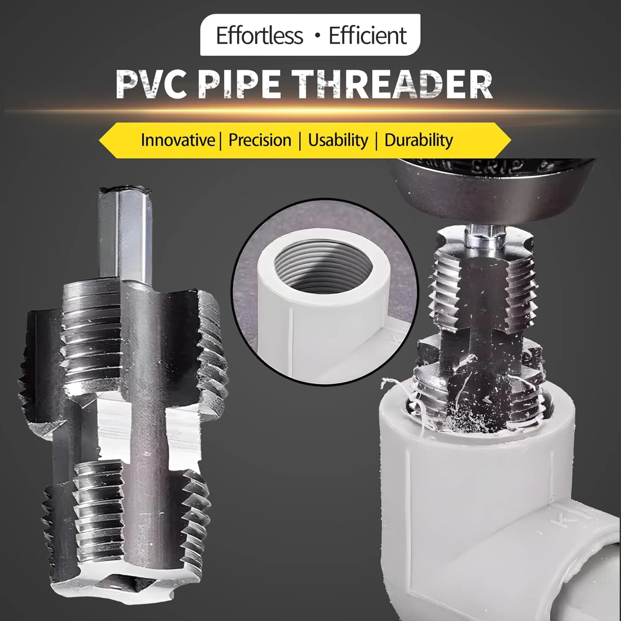 Electric Drill PVC Pipe Threader Kit, Internal Plastic Pipe Threading Tool with Dies 1/2