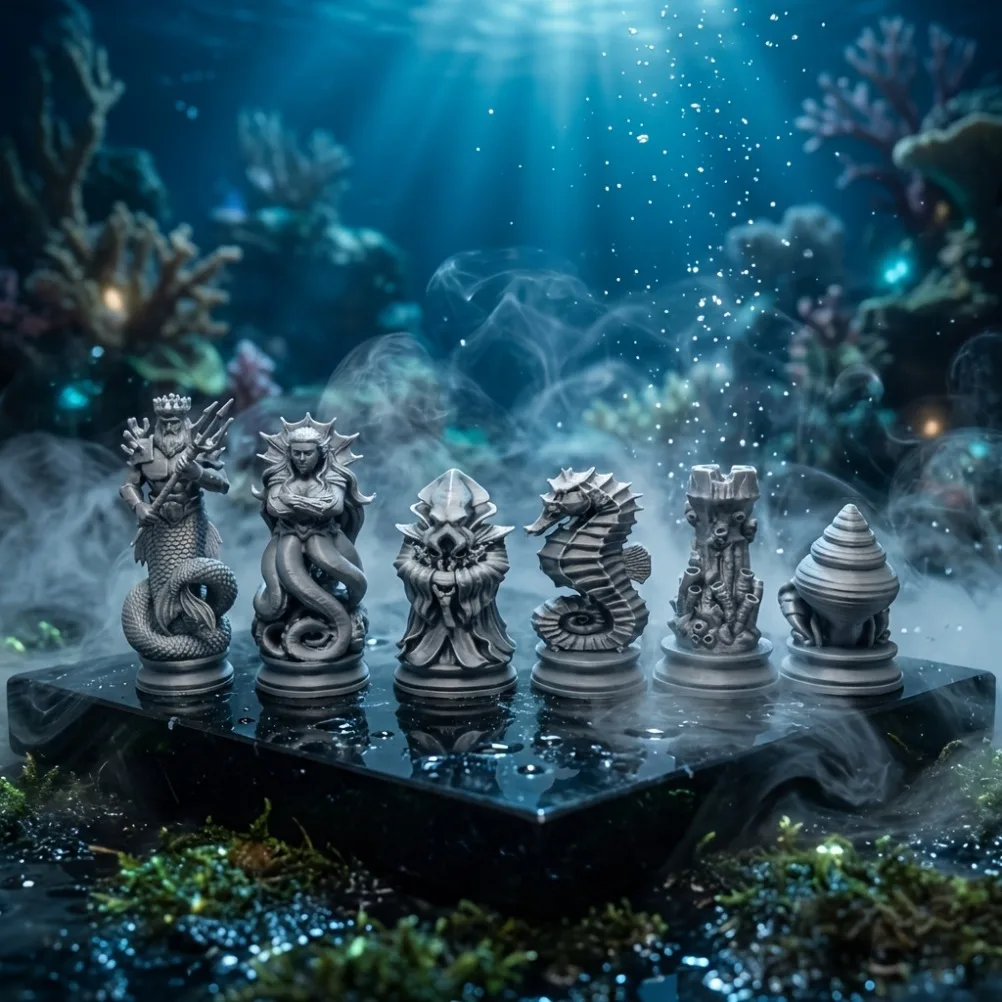 16PCS Ocean Myth Chess Figurines 3D Printed Deep Sea Theme Chess Set Coral Sculpture Tabletop Game Decor Desk Art Ornament