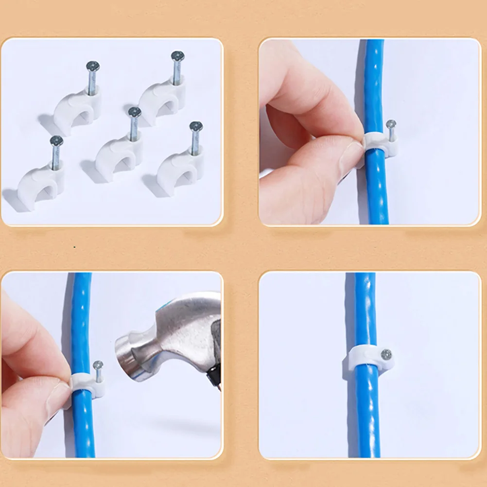 

400Pcs Cable Clips Cable Management Clips Steel Nail White Assorted Sizes Wall Wire Fixing Clamps for Network USB Cables