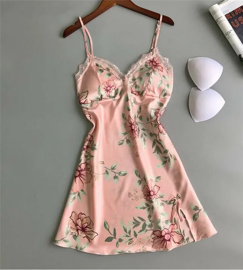 

2019 Sexy Women Floral Satin Silk Nightdress V-Neck Gecelik Lace Sleepwear Dress Print Nightgowns