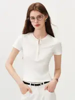 FSLE New Summer Women's Fitted Short Sleeve White T-Shirt with Buttons Soft Cotton Lyocell Office Commute Daily Versatile Top