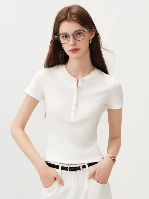 FSLE New Summer Women's Fitted Short Sleeve White T-Shirt with Buttons Soft Cotton Lyocell Office Commute Daily Versatile Top