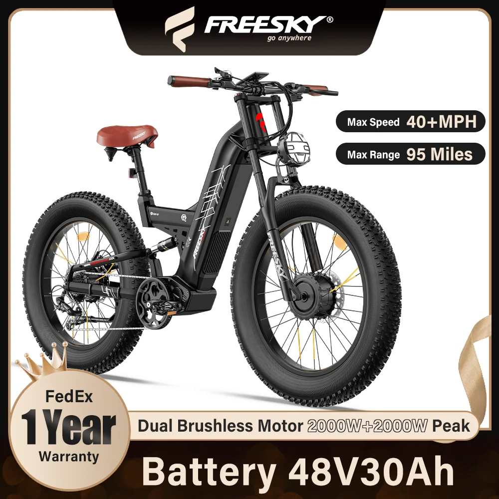 

FREESKY 4000W Dual Motor Electric Bike for Adults, 48V 30AH Samsung Cells Battery 120Miles Range, 40MPH AWD Fast Fat Tire E-Bike