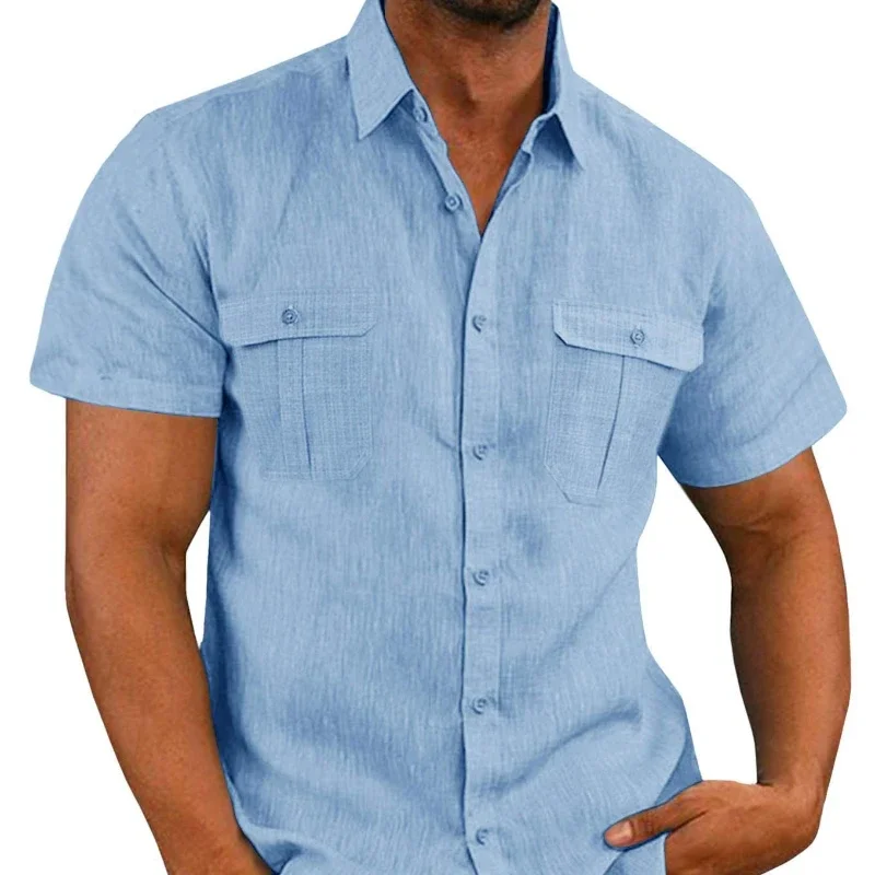 Chemise à Manches Courtes en Coton et Lin pour Homme, Vêtement de Vacances Décontracté, avec Double Poche, Europe et Amérique