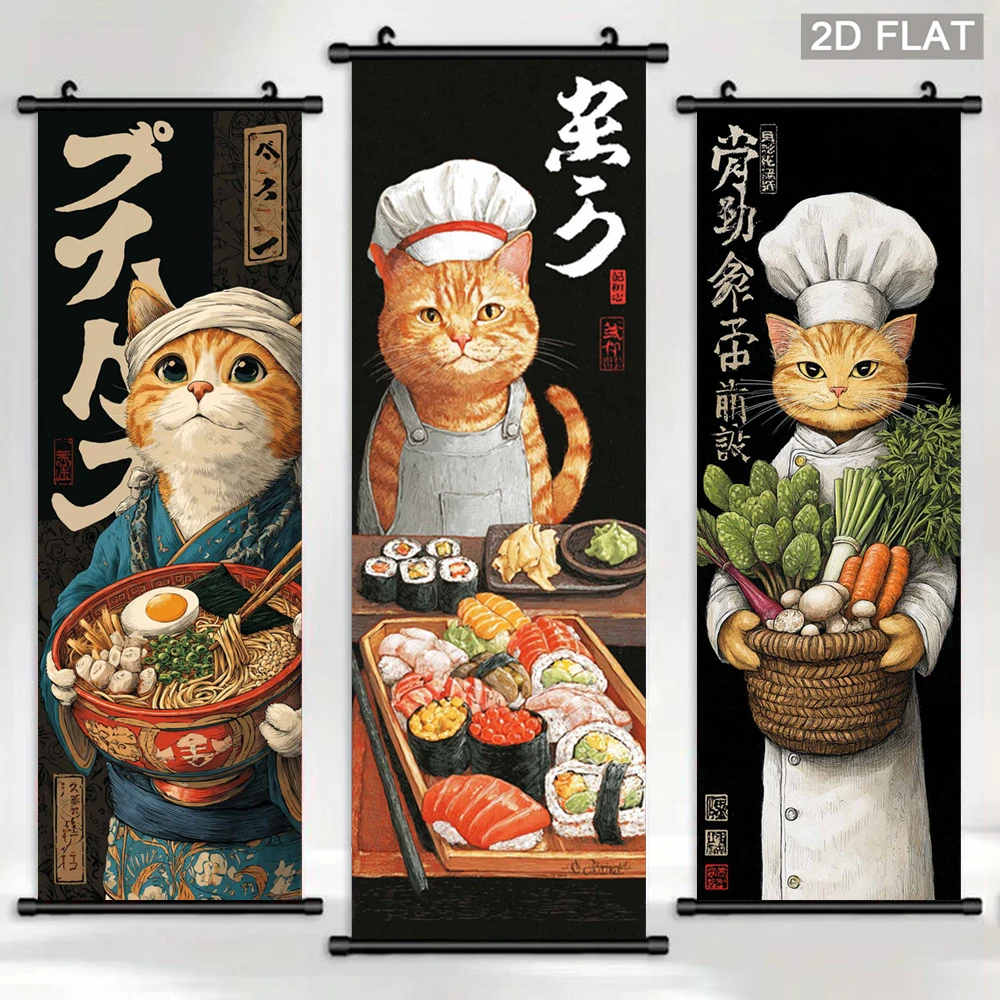 VIKAMA Retro Japanese Cat Chef Scroll Tapestry, Fun Orange Cat Sushi and Ramen Ukiyo-e-Style Wall Art, Dining Room Wall Decor