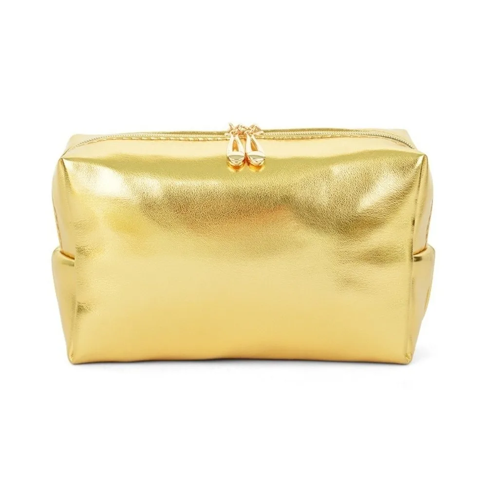 Portable Silver/Gold Handheld Makeup Bag Waterproof PU Leather Cosmetic Bag Soft Zipper Closure Makeup Pouch Cosmetic Storage