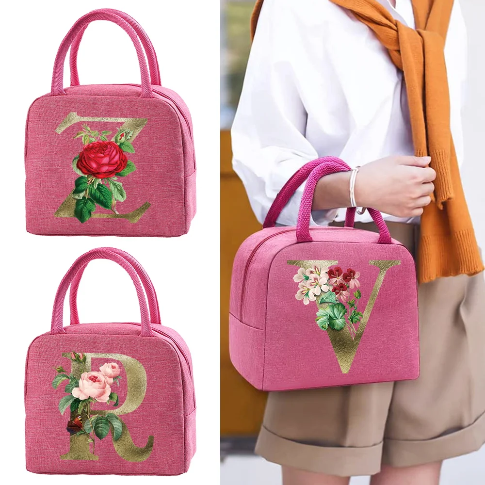 

Thermal Lunch Dinner Bag Canvas Golden Flower Letter Print Handbag Picnic Travel School Child Convenient Lunch Bag Tote Food Bag