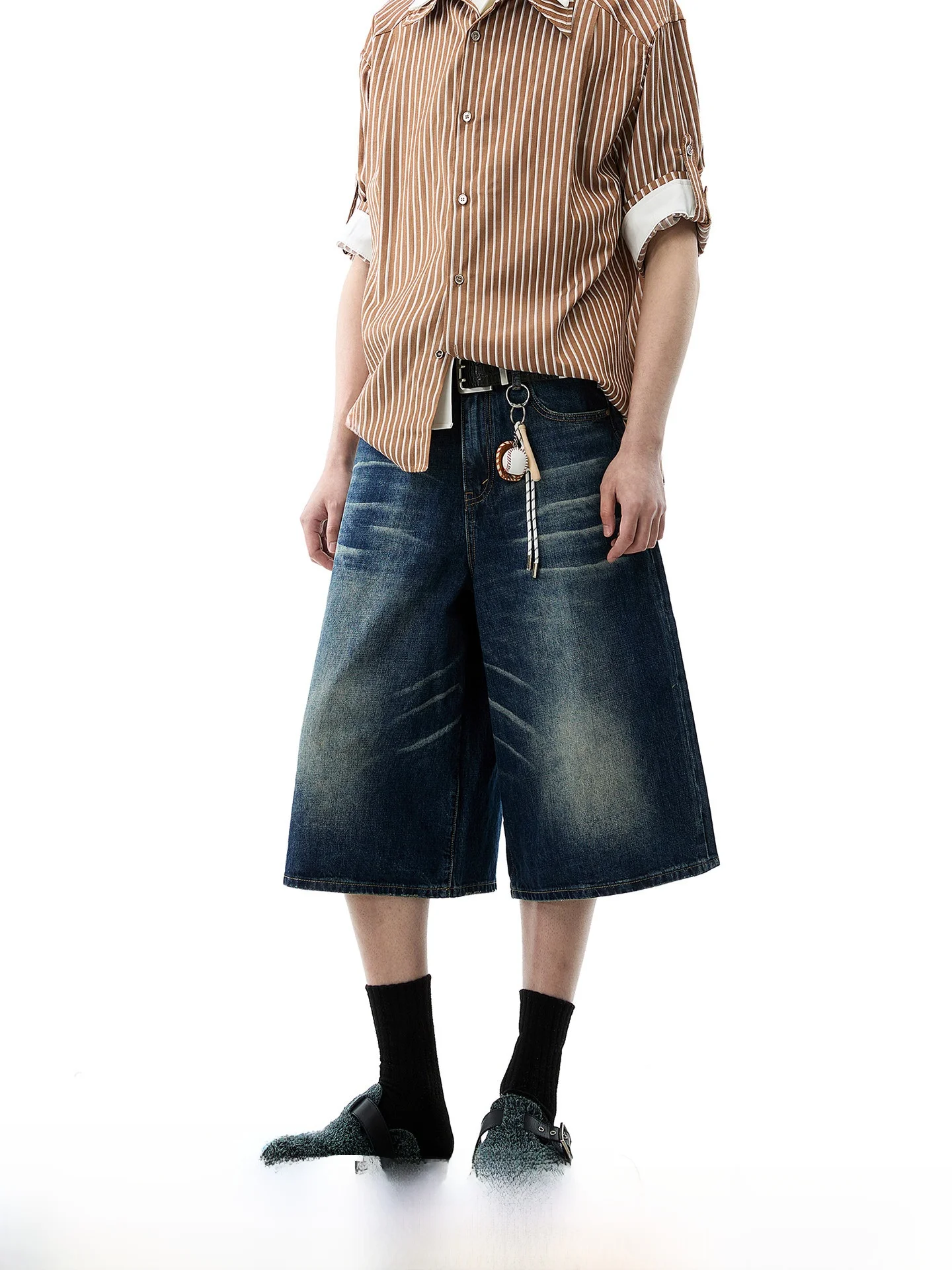 

American Retro Washed Denim Shorts Men's Summer Straight Loose Jeans Youth Trendy Cotton Polyester Blend