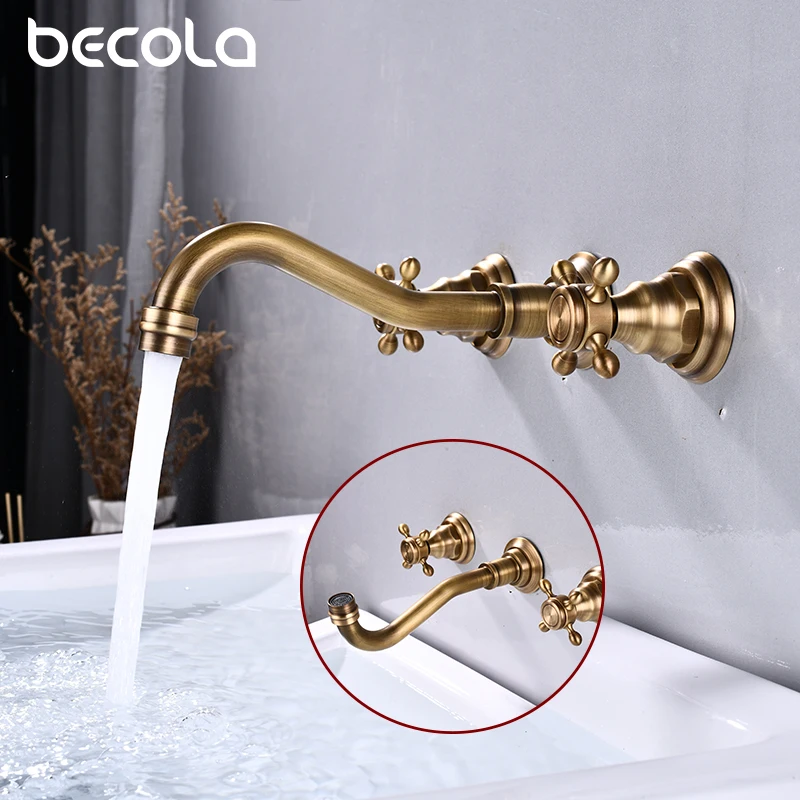 BECOLA Double Handle Three Holes  Bathroom Faucet Antique Bronze Home Improvement Accessories Brass Bathroom Faucet 360 Rotation