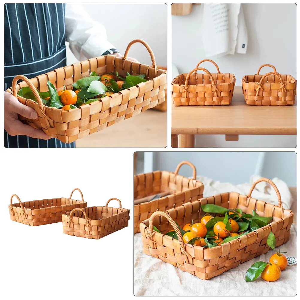 

2Pcs Vine Wooden Chip Basket Food Tray Service Plate Storage Snack Fruit Cake Wooden Food Service Tray Bread Display
