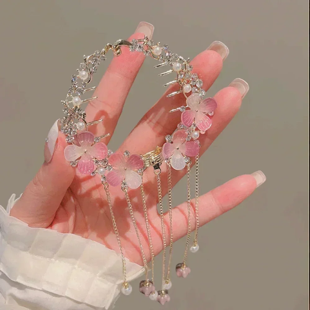 Elegant Tassel Hair Claw Rhinestone Pearl Hair Clip Women Barrette Girl Ponytail Holder Hairpins Fringe Jewelry Hair Accessories