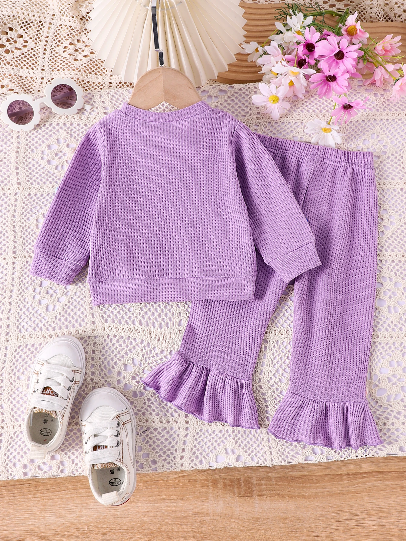 2PCS  Spring And Autumn New Style Girls 1-3 Years Old Comfortable Casual Purple Waffle Top + Pantsuit