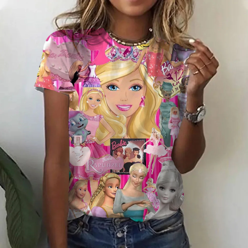 2024 New Women's Round Neck T-Shirt Short Sleeve Barbie Spring and Summer Cartoon Print Genuine Cute Loose Simple Style T-Shirt