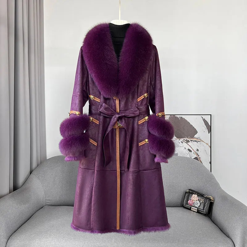 2022 New Genuine Leather Coat Long with Fox Fur Collar Cuffs Double Face Rabbit Fur Clothing Overcoat Winter Warm Luxury Button