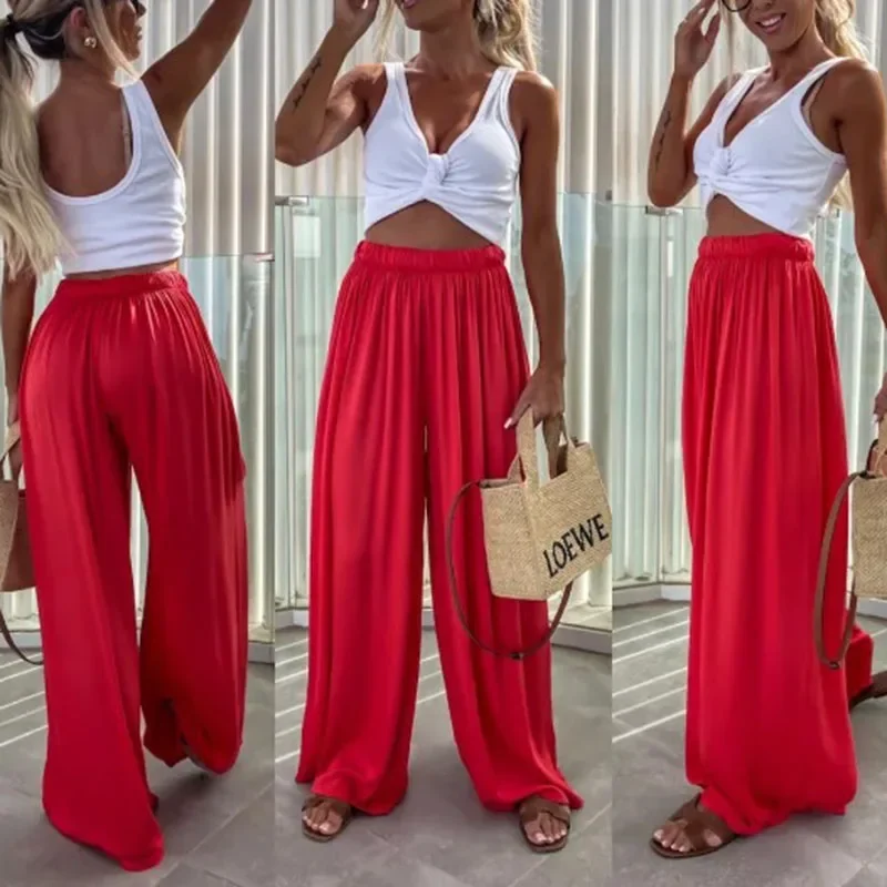 Casual Pants Women Summer Trendy Loose High Waist Solid Color Fashion Wide-leg Pants Commute Elegant Office Lady Party Trousers