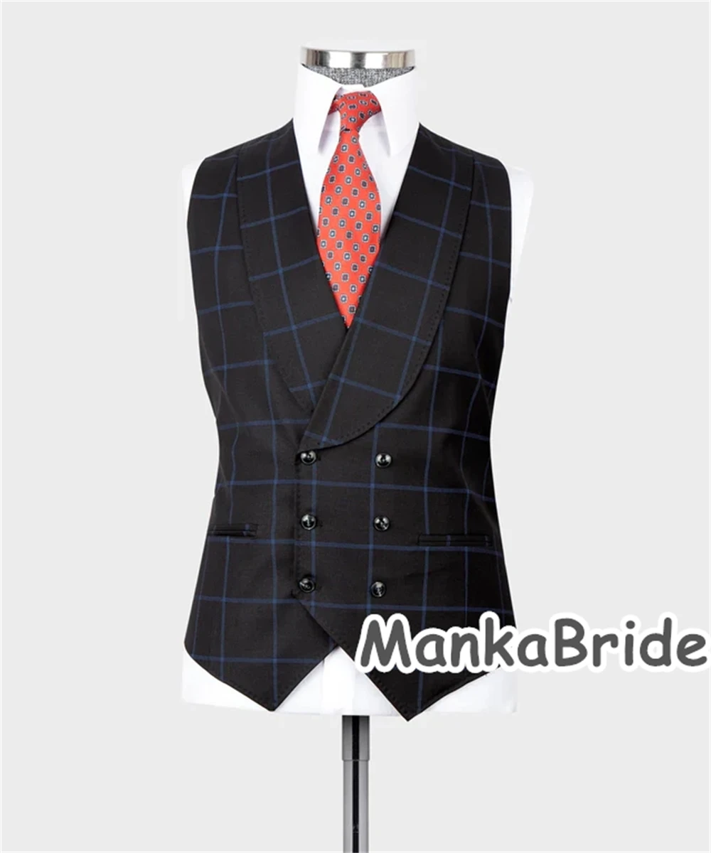 Double Breasted Plaid Black Men's Suit for Wedding  Customized 3pcs Blazer Pants Business Wear Formal Party Elegant Costume