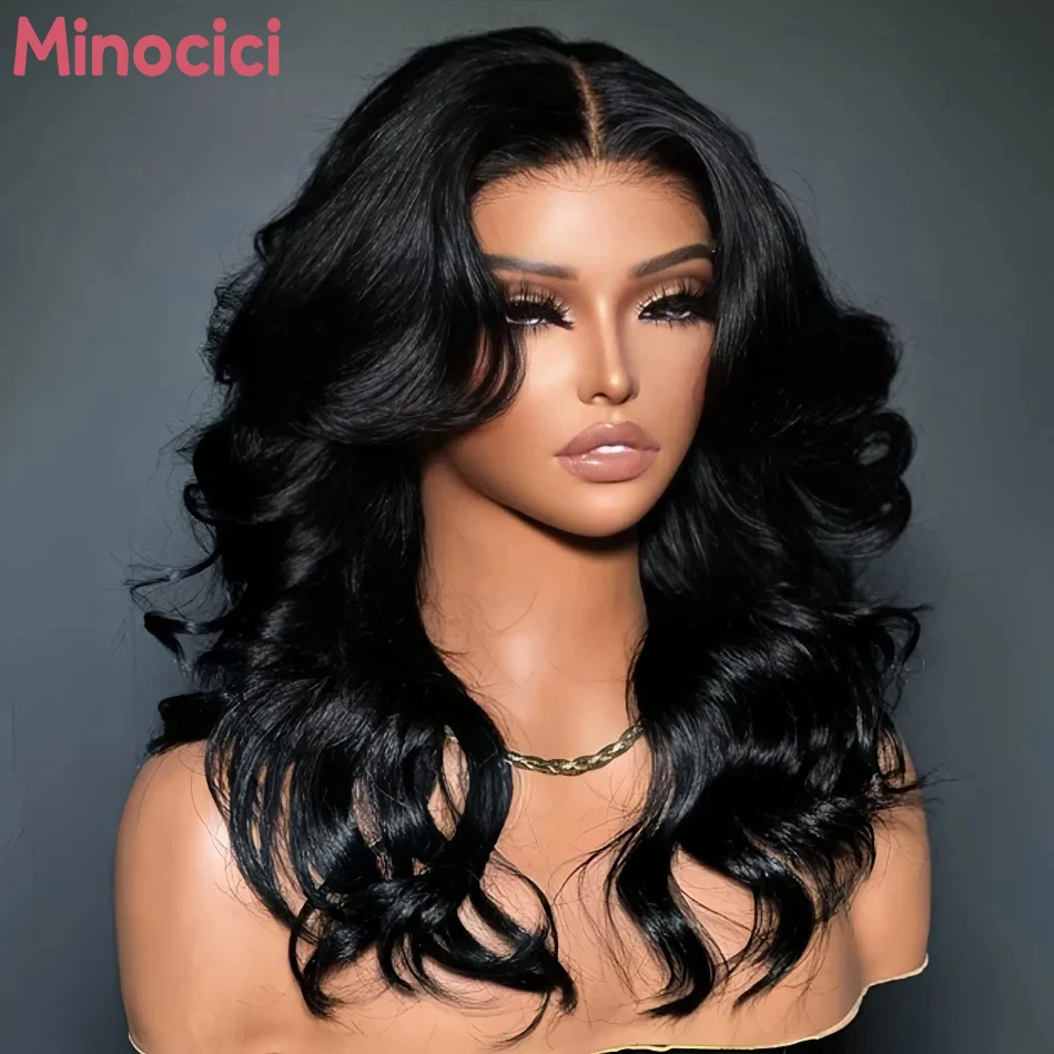 

Layered Wavy Lace Closure Wig Layered Body Wave Human Hair Wigs 4x4 HD Lace Frontal Wig 250 Density Lace Front Wig Natural Black