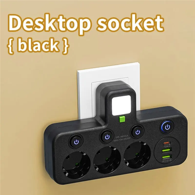 SQPP-EU Plug Electrical Socket Outlet Black 3 Sockets With USB Type-C Ports No Extension Cord Two Specifications