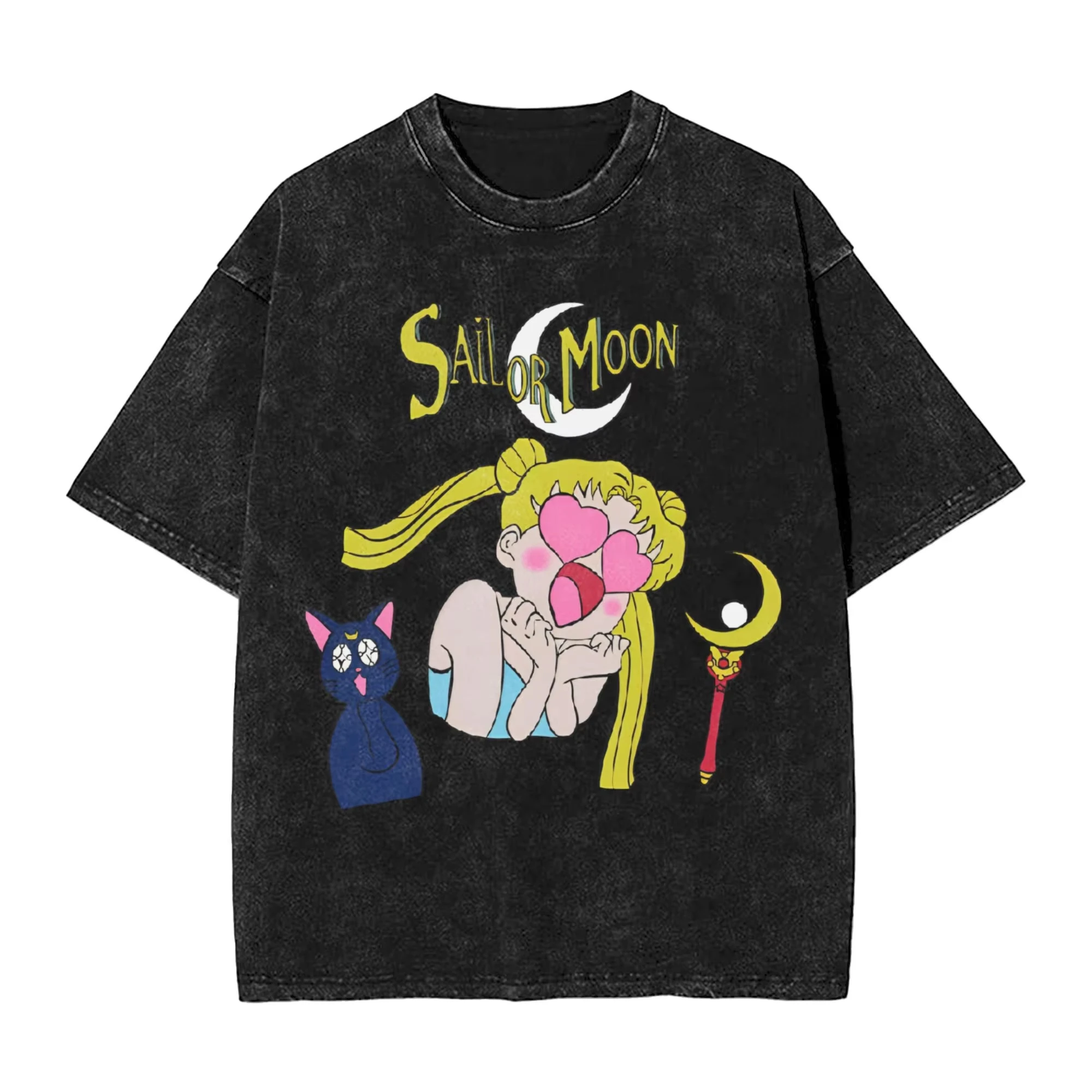 2026 Sailor Moon Anime Printed T-shirt Men's and Women's Washed T-shirt High Quality Vintage 100% Cotton Tee Harajuku Y2K Top