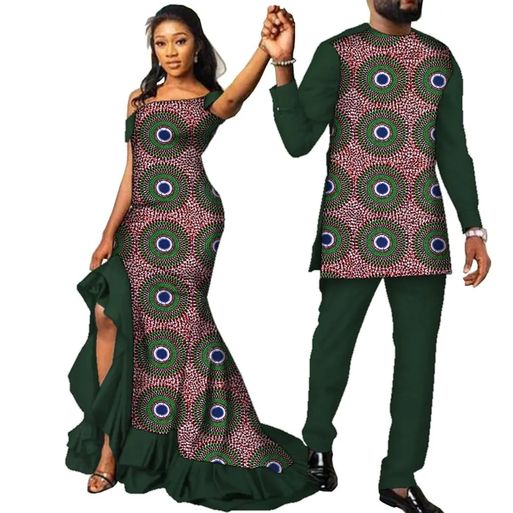 Fashion Couple Clothes African Ankara Print Women Maxi Long Dresses and Men Dashiki Suit African Clothes Lovers Outfit WYQ567