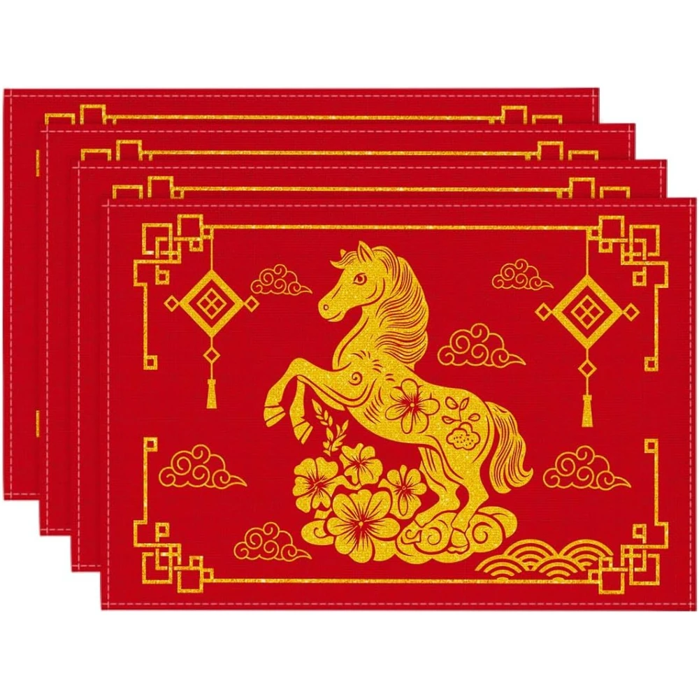 Chinese Zodiac Horse 2026 Happy Lunar New Year Placemats Set Reusable Kitchen Dining Table Mats Chinese New Year Decorations